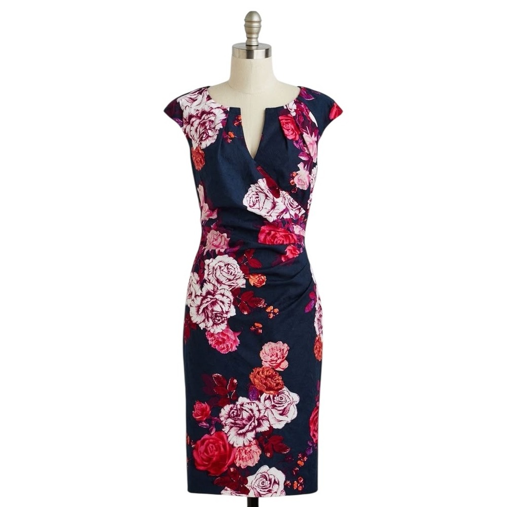 Adrianna Papell Size 2 Sheath Dress Navy Pink‎ Floral Faux Wrap Cap Sleeve 225